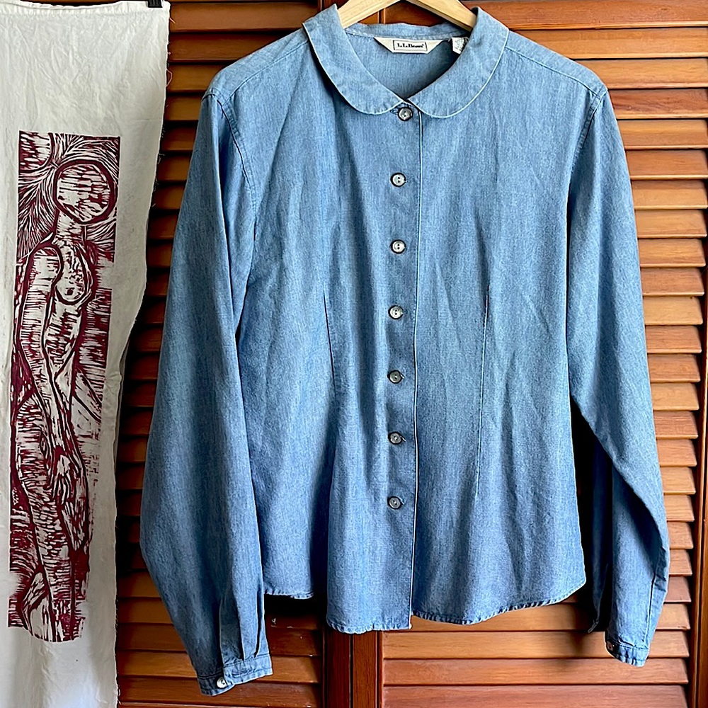 Vintage LL Bean Peter Pan Collar Denim LS Shirt 16